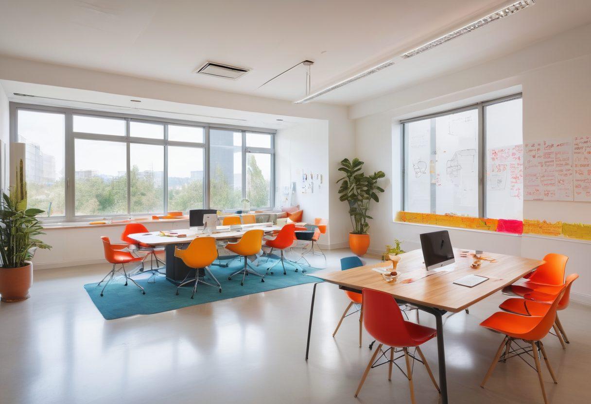 A vibrant office space filled with creative engineers joyfully collaborating on innovative designs, with sketches and prototypes scattered around. Bright colors and inspiring quotes on the walls, showcasing happiness and teamwork in engineering. A window reveals a sunny outdoor view, symbolizing open-mindedness and creativity. The scene captures a dynamic and energetic atmosphere. super-realistic. vibrant colors. white background.