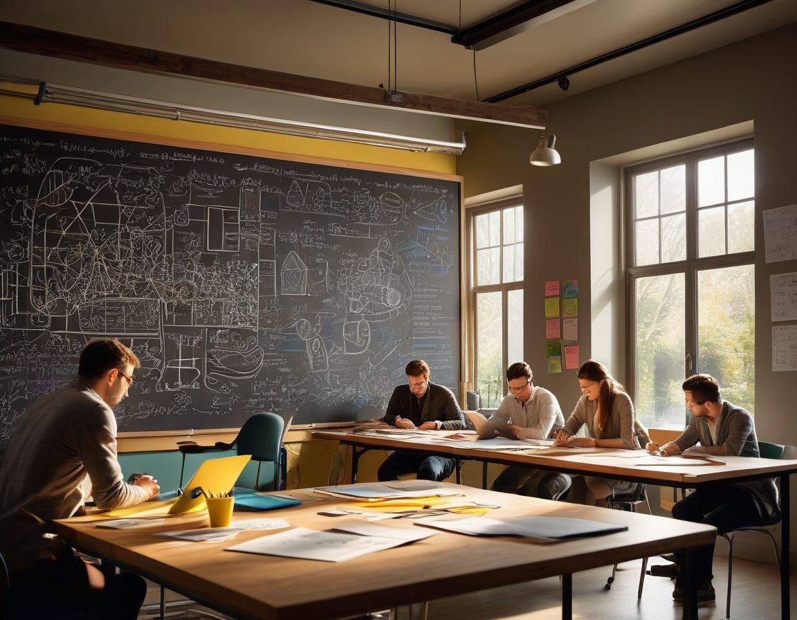 A vibrant, dynamic workspace filled with diverse engineers brainstorming ideas around a large table strewn with blueprints, 3D models, and creative sketches. Light pours in through large windows, illuminating their focused faces as they engage in animated discussions. In the background, a chalkboard filled with equations and diagrams symbolizes collaboration and innovation. Colorful post-it notes scatter the walls, emphasizing creative thinking. super-realistic. vibrant colors. modern office setting.