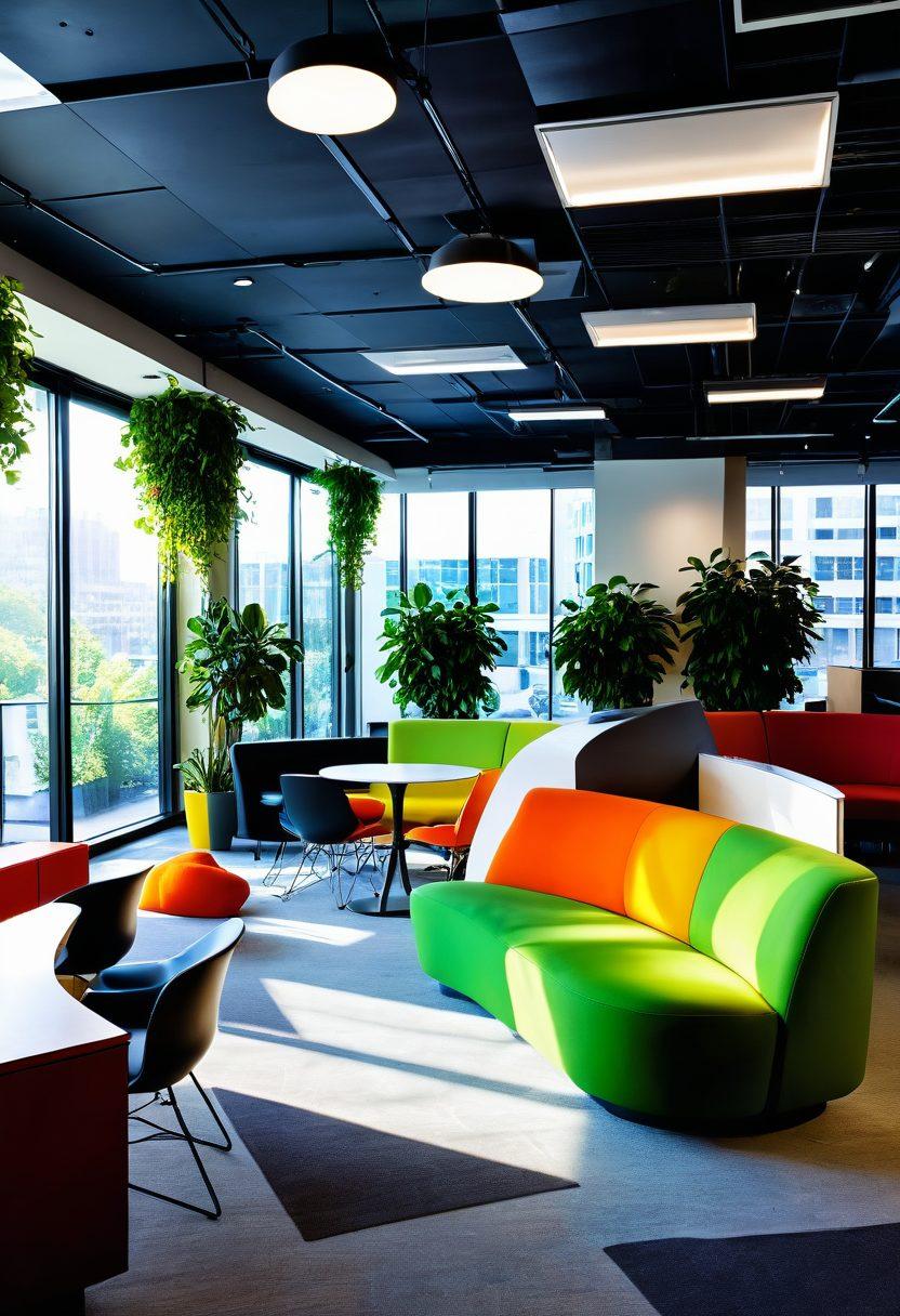 A modern, open-plan office filled with vibrant greenery, ergonomic furniture, and colorful art installations, where diverse employees are engaged in creative collaboration and relaxation areas. Bright sunlight streams through large windows, creating a cheerful ambiance. Include elements that symbolize innovation, such as smart technology and inspirational quotes on the walls. super-realistic. vibrant colors. bright background.